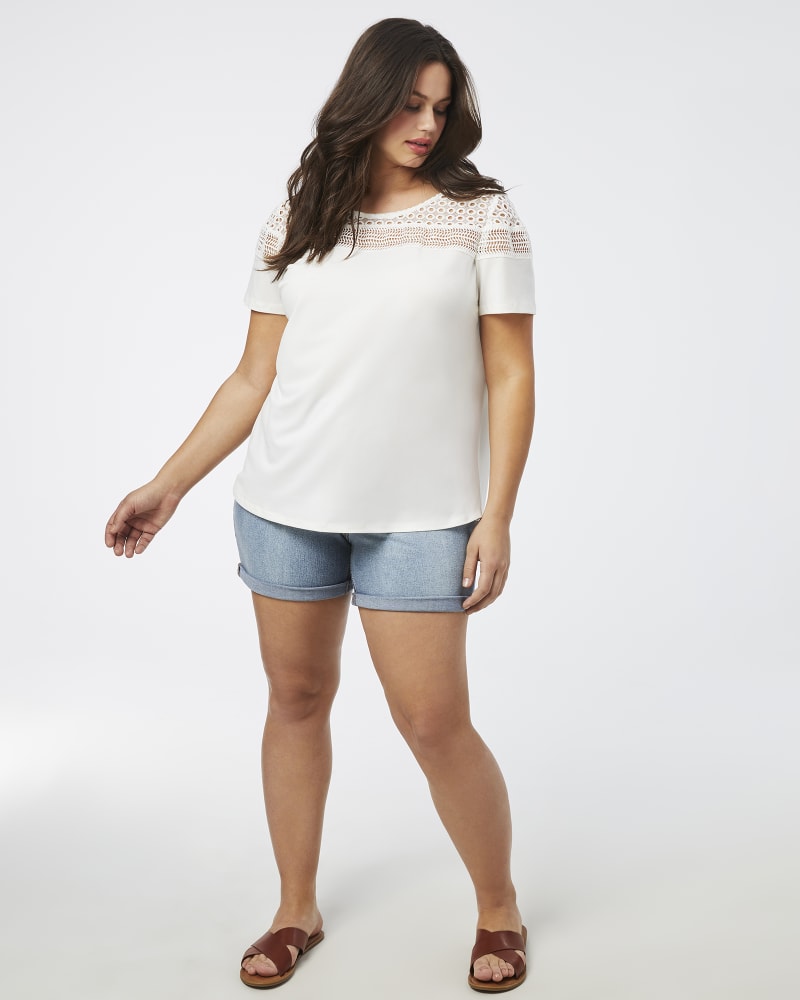 Plus size model with hourglass body shape wearing Eva Crochet Eyelet Top by Dex Plus | Dia&Co | dia_product_style_image_id:157194